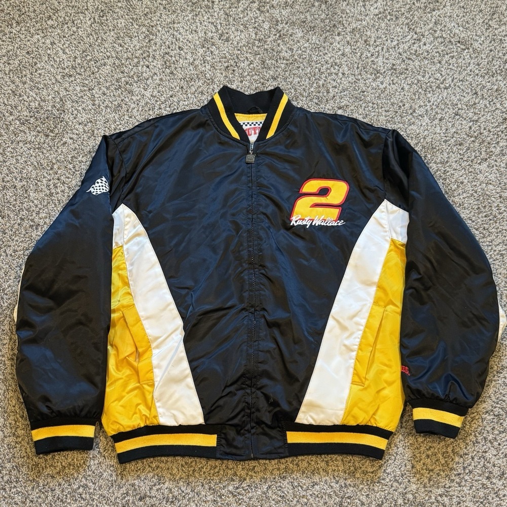 Vintage Rusty Wallace NASCAR Jacket Mens Large Black Yellow Racing Nutmeg 90s